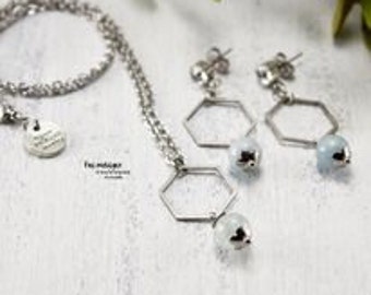 Necklace and earrings set, Aquamarine and hexagon, Silver, Stone of the month of March, BO on stem, to wear every day