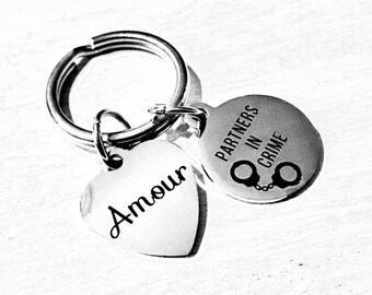 Love/ Partners in crime key ring, double pendant, Lover, Husband, Lover, Wife, Man and Woman, Christmas stocking, Romantic gift