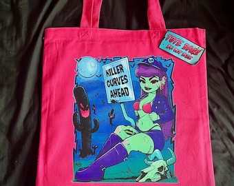 Killer curves ahead pink tote bag