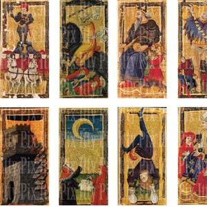 Puede incluir: Un conjunto de nueve cartas de tarot con ilustraciones coloridas que representan diversas escenas y figuras. Las cartas están enmarcadas en oro y tienen una estética vintage.