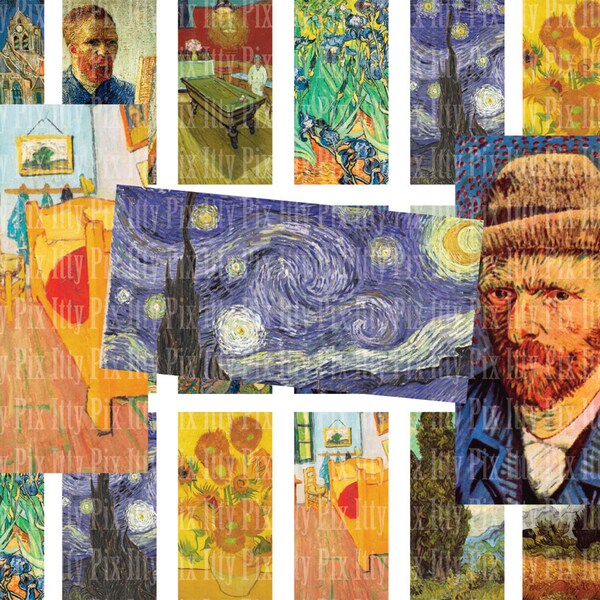 Van Gogh digital collage sheet - .75 x 1.5 inch rectangle digital collage - bamboo tile collage sheet - Instant Download