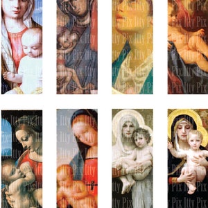 May include: A set of eight digital printable bookmarks featuring images of the Virgin Mary and baby Jesus. The images are in a vintage style and are perfect for adding a touch of faith to your reading.