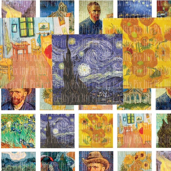 Digital Collage Sheet - Van Gogh digital collage sheet - 1 inch square - Inchies - Instant Download