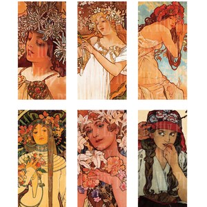 Puede incluir: Seis carteles vintage de estilo Art Nouveau con mujeres con coronas de flores y fondos decorativos. Los carteles están en formato collage, con cada cartel ocupando un tercio de la imagen.