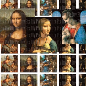 May include: A collage of nine different paintings featuring the Mona Lisa, the Lady with an Ermine, and the Madonna and Child. The paintings are all in a similar style, with a focus on the faces of the subjects.