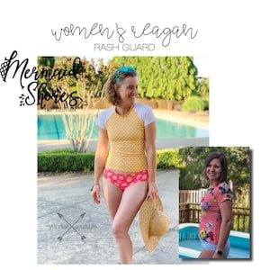 Puede incluir: Un protector solar amarillo y blanco con estampado de lunares. El protector solar tiene mangas cortas y un panel blanco en el pecho. El texto "women's lagan RASH GUARD" está en la parte superior de la imagen. El texto "Mermaid Shores SWIM COLLECTION" está en la parte inferior izquierda de la imagen. El texto "PATTERN BROUGHT TO YOU BY: brittany reini for made for mermaids (C) Brittany Reini for Made for Mermaids 2019" está en la parte inferior de la imagen.