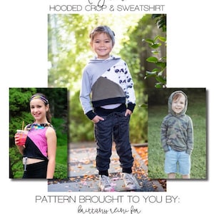 May include: Three children wearing hooded sweatshirts and pants. The text "logan HOODED CROP & SWEATSHIRT" is at the top of the image. The text "PATTERN BROUGHT TO YOU BY: brittany reise for made for mermaids" is at the bottom of the image.