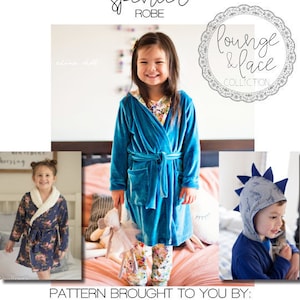 May include: A blue velvet robe with a tie belt, a floral print robe, and a blue hooded robe with a dinosaur design. The text "lounge & lace collection" is visible in the image. The text "megan thoman for made for mermaids" is also visible.