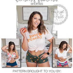 May include: Three women wearing different styles of black and green underwear with a peach graphic print. The text "Just Peachy" is printed on a white t-shirt worn by one of the women. The text "Lounge Place Collection" is printed on a circle with a decorative border. The text "Pattern brought to you by: made for mermaids" is printed below the images.