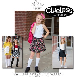 May include: Three girls wearing different skirts inspired by the movie Clueless. The skirts are black, plaid, and floral. The text "Cher Skirt Clueless Collection" is at the top of the image. The text "Pattern brought to you by: Megan Thoman for Made for Mermaids" is at the bottom of the image.