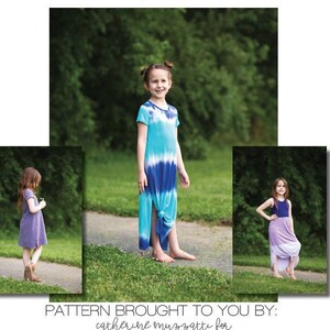 Könnte beinhalten: Drei Mädchen tragen verschiedene Variationen eines geteilten Tunika-Kleides. Das Kleid ist in Blau-Weiß-Tie-Dye, Lila-Weiß und Lila-Weiß mit einem blauen Streifen gehalten. Das Kleid ist in den Längen Tunika, Kleid, Midi und Maxi erhältlich. Das Schnittmuster heißt "sage" und wird Ihnen von "catherine muzzatti for made for mermaids" präsentiert.