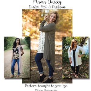 Può includere: Tre donne indossano diverse versioni del modello di cucito Mama Darcey Duster, Vest & Cardigan. Il modello è di Megan Thoman per Made for Mermaids.