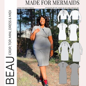 May include: A gray midi dress with a collared neckline and button details. The image includes a pattern for the "Beau" dress, designed for knit fabrics, with bust sizes from 30" to 60", waist sizes from 23" to 57", and hips from 34" to 64".