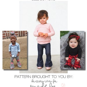 May include: Three toddlers wearing different styles of bell bottom pants. The pants are all made of denim and have a flared leg. The toddlers are all smiling and looking at the camera. The image is captioned "baby bailey BELL BOTTOMS PATTERN BROUGHT TO YOU BY: brittany reiri for made for mermaids".