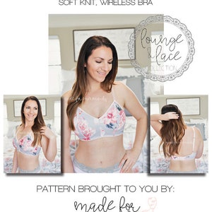 Puede incluir: Una mujer lleva un sujetador inalámbrico gris con estampado floral. El sujetador forma parte de la "Colección Lounge & Lace" y se llama "Lana Bra". El sujetador está hecho por "Made for Mermaids".