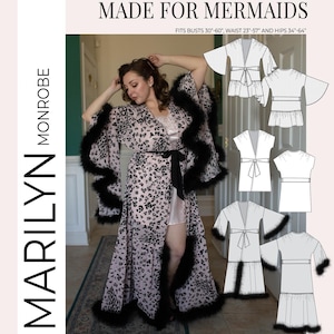 May include: A pink and black leopard print robe with black feather trim. The robe is open and the model is wearing a matching slip underneath. The image also includes a line drawing of the robe in different styles.