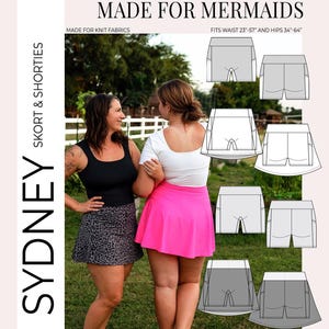 Op de afbeelding: Twee vrouwen dragen skorts en shorts. Eén vrouw draagt een zwarte tanktop en een skort met luipaardprint. De andere vrouw draagt een witte top en een roze skort. De tekst "SYDNEY SKORT & SHORTIES" en "MADE FOR MERMAIDS" is inbegrepen.