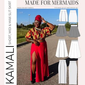 Puede incluir: Una mujer con una falda larga roja con una abertura alta, combinada con un top corto estampado y un pañuelo en la cabeza. La imagen incluye diagramas de patrones de faldas y el texto "MADE FOR MERMAIDS" y "KAMALI SHORT, MIDI & MAXI SLIT SKIRT".