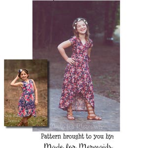 May include: A young girl wearing a floral print wrap dress with a high-low hemline. The dress is part of the "Isabel Wrap" pattern by "Made for Mermaids".