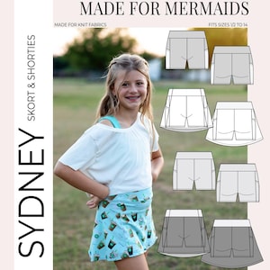 May include: A young girl wearing a light blue and white outfit, with a patterned skirt. The image includes the text "SYDNEY SKORT & SHORTIES" and "MADE FOR MERMAIDS". The pattern includes drawings of coffee cups. The text also says "FITS SIZES 1/2 TO 14".
