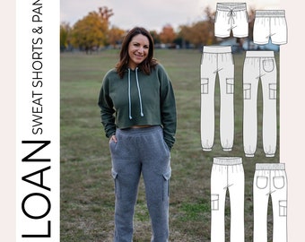 May include: A sewing pattern for sweatpants and shorts called "Sloan" made for knit fabrics. The pattern is designed to fit waists from 23 to 57 inches and hips from 34 to 64 inches. The pattern includes a photo of a woman wearing the sweatpants.