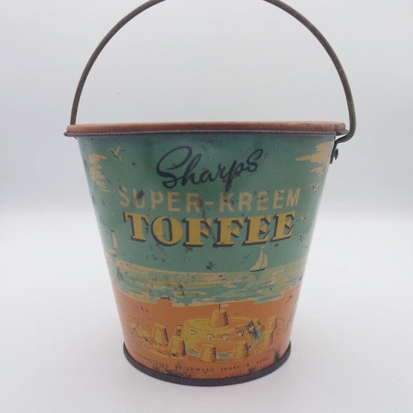 Antique Rare 1930s Sharp's Super-Kreem Toffee Tin Bucket Pail Sandcastles - Vintage Shabby Chic Storage Canister