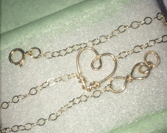 Wrapped Up Heart and Chain with Infinity Clasp Bracelet, Necklace, or Anklet, 14k Gold Filled or Sterling Silver