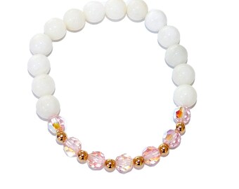 Pink and Gold Beaded Crystal Stretch Bracelet with White Shell Beads