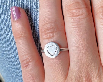 Heart Stamped Disc Sterling Silver Ring