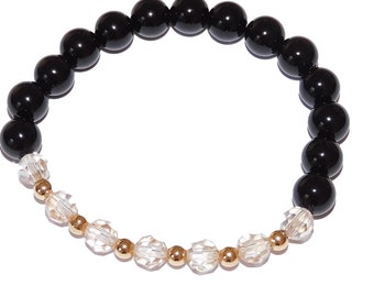 Gold and Champagne Beaded Crystal Stretch Bracelet with Black Onyx Beads