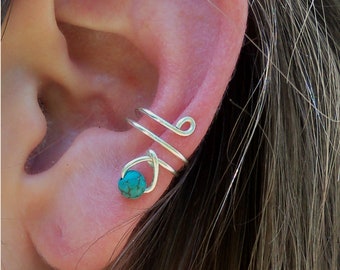 Turquoise Wire Wrapped Bead Ear Cuff, Sterling Silver or 14k Gold Filled