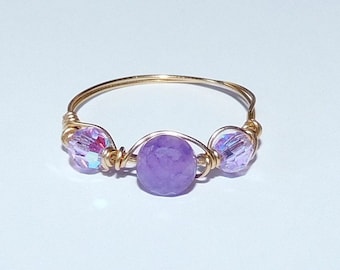 Wire Wrapped Amethyst and Crystal Beaded Ring, Gold or Silver