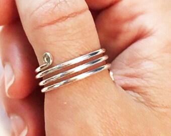 Sterling Silver Triple Coiled Thumb Ring, Wrap Around Ring Bands Spring Ring