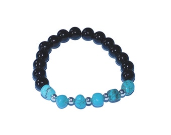 Turquoise and Silver Stretch Bracelet with Black Onyx Beads