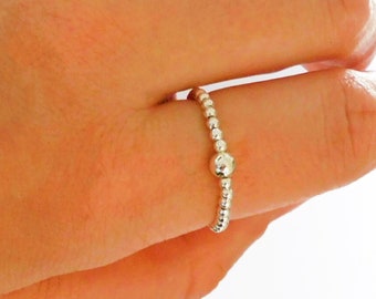 Sterling Silver Beaded Stretch Ring, Elastic Ring with Silver Beads for Women