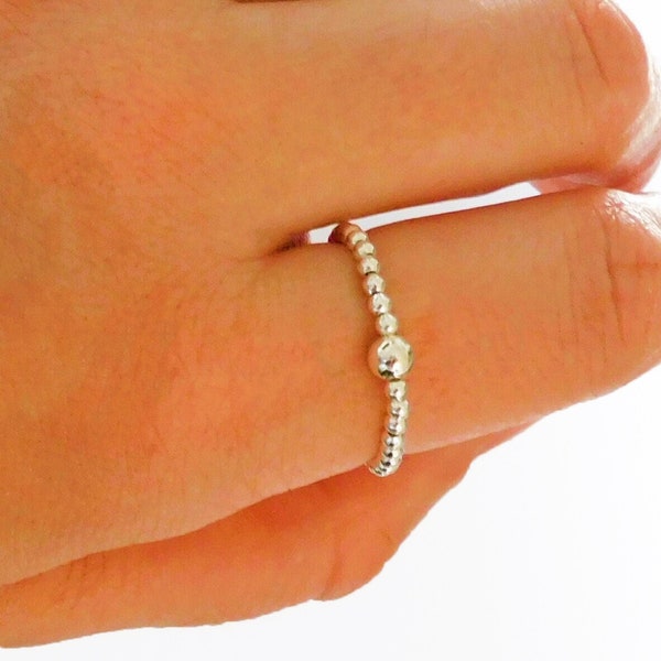 Sterling Silver Beaded Stretch Ring, Elastic Ring with Silver Beads for Women