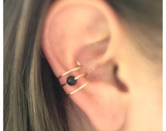 Black and Gold Ear Cuff, 14k Gold Filled cuff with Black Bead