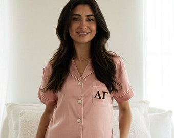 GREEK LETTERS | Delta Gamma, sorority, bid day, rush, custom pjs, pajamas, custom pajamas, pajama set, satin pajamas, sorority pjs, custom