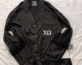 GREEK LETTERS Chi Omega, sorority pajamas, feather pajamas, black feather pajamas, matching feather set, silk pajamas, sorority, Chi Omega