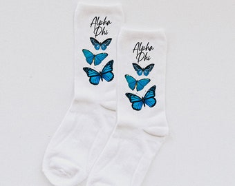 Floral Printed Sorority Socks for Sorority Gifts Custom Printed with Sorority Name Alpha Delta Pi is Shown plus All NPC Sororities Available