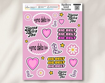 Pegatinas de Sigma Delta Tau, productos de Sig Delta Tau, pegatinas de hermandad, reclutamiento, día de licitación, calcomanía griega, canasta de regalo de hermandad, bolsa de regalo, SDT