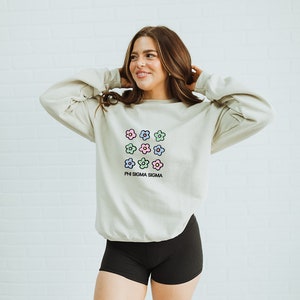 May include: A light beige sweatshirt with a graphic of colourful flowers and the text "PHI SIGMA SIGMA".