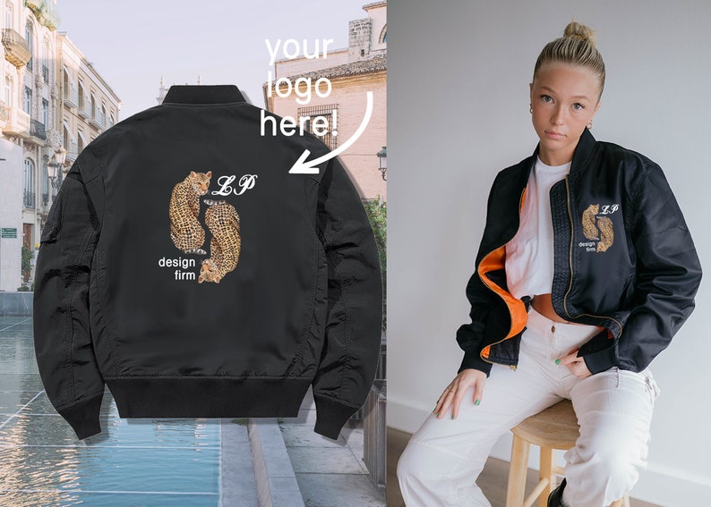 May include: Black bomber jacket with an embroidered design of two leopards and the text "LP design firm" on the back.