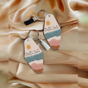 Delta Zeta-sleutelhanger, sleutelhanger studentenvereniging, werving, groot shirt, sleutelhanger kwastje, motelsleutel, aangepaste sleutelhanger, bieddag, Delta Zeta-cadeau
