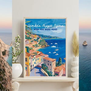 Sorority House Art Print, Mediterranean Beach Decor, Preppy College Wall Art, Greek Life Poster, Bid Day Gift, Lambda Kappa Sigma