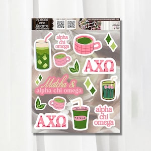 May include: A sticker sheet featuring various illustrations including matcha drinks in cups and glasses, green leaves, diamond shapes, and the text Alpha Chi Omega and AXΩ. The designs are rendered in shades of green, pink, and white.