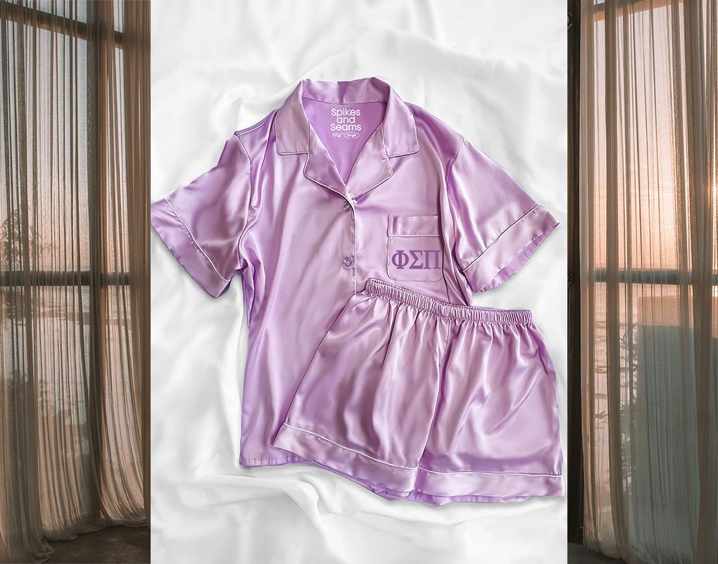 Lavender Greek Letter Pajama Set, Personalized Satin Pjs, Sorority