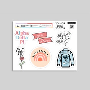 May include: A set of eight stickers featuring a variety of designs, including a rainbow, a rose, a jacket, and text that says "Alpha Delta Pi" and "Girl Power".
