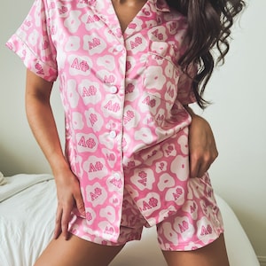 Alpha Phi, sorority pajamas, Alpha Phi merch, Alpha Phi tee, bid day, sorority gift basket, sorority gift, satin pajamas, sorority pjs