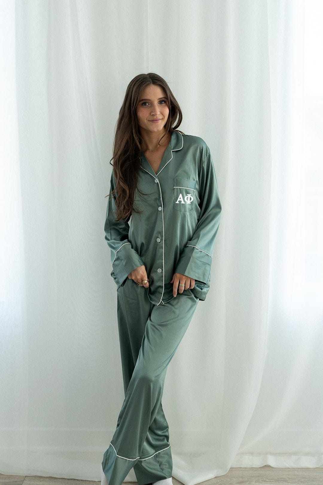 Greek Pyjamas Custom Eucalyptus Green Satin Pajamas – Elegant and Cozy Silky Matching ...